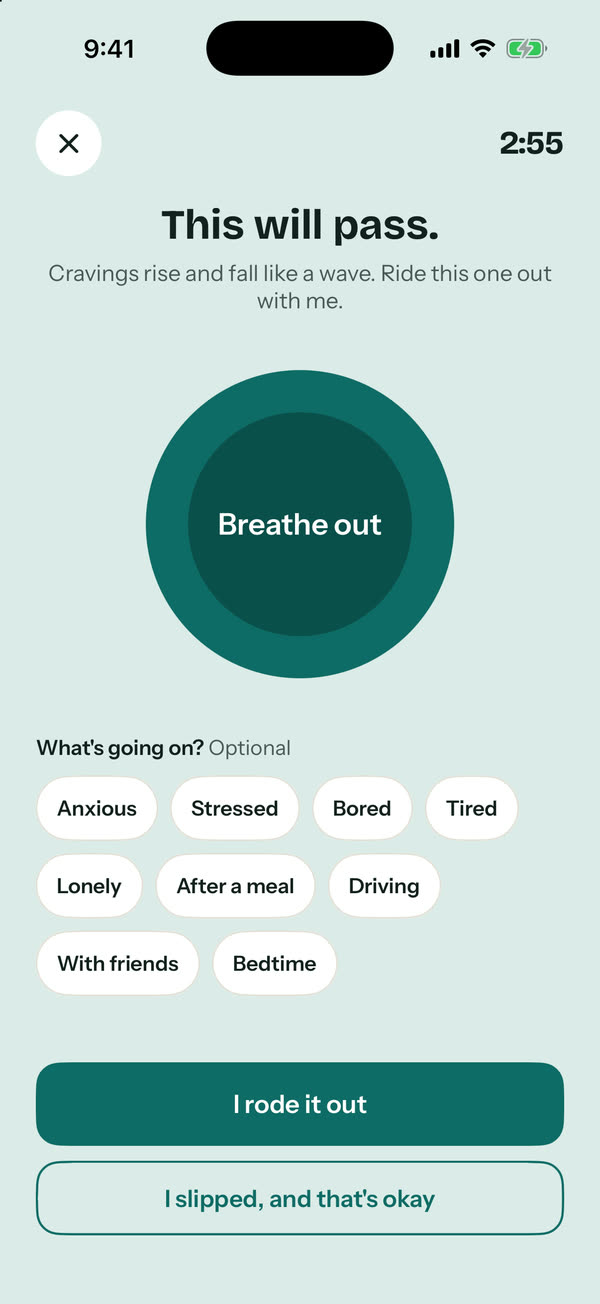Craving SOS: a breathing circle with a countdown and optional tags for what's going on.