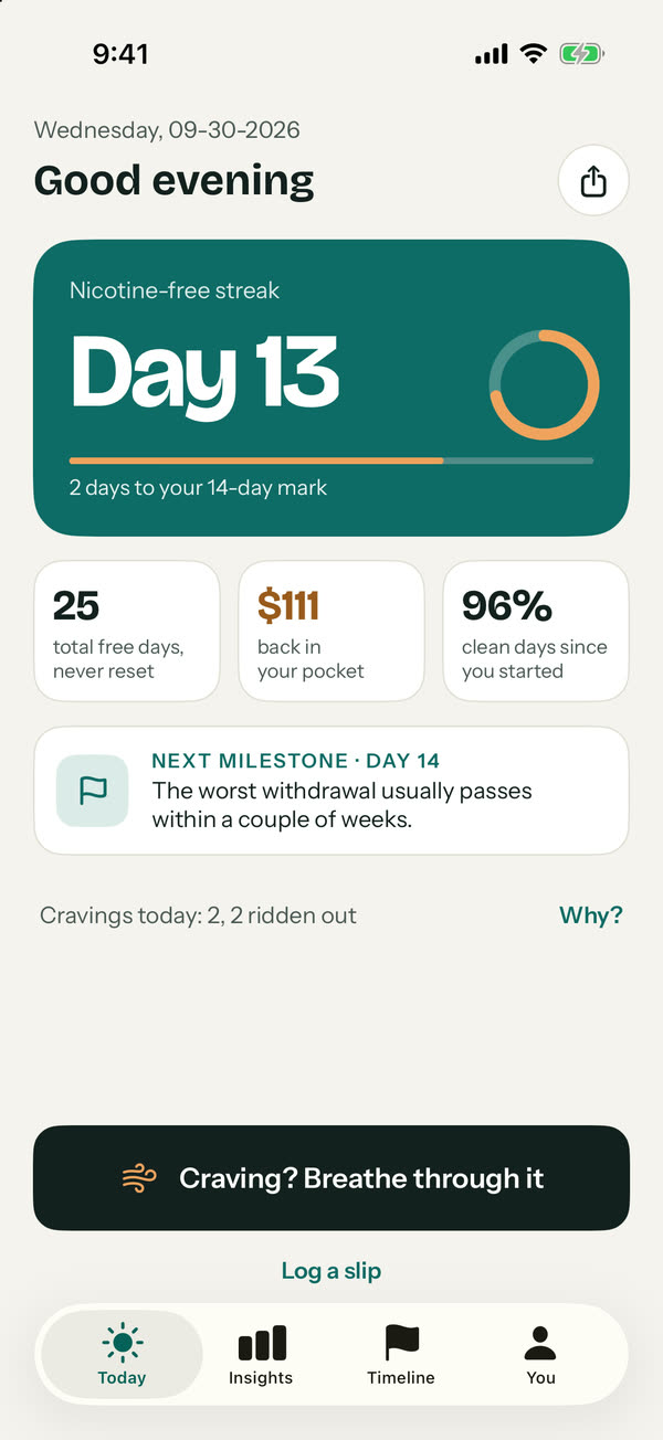 The Unpuffed Today screen: days nicotine-free, money saved and a Craving SOS button.